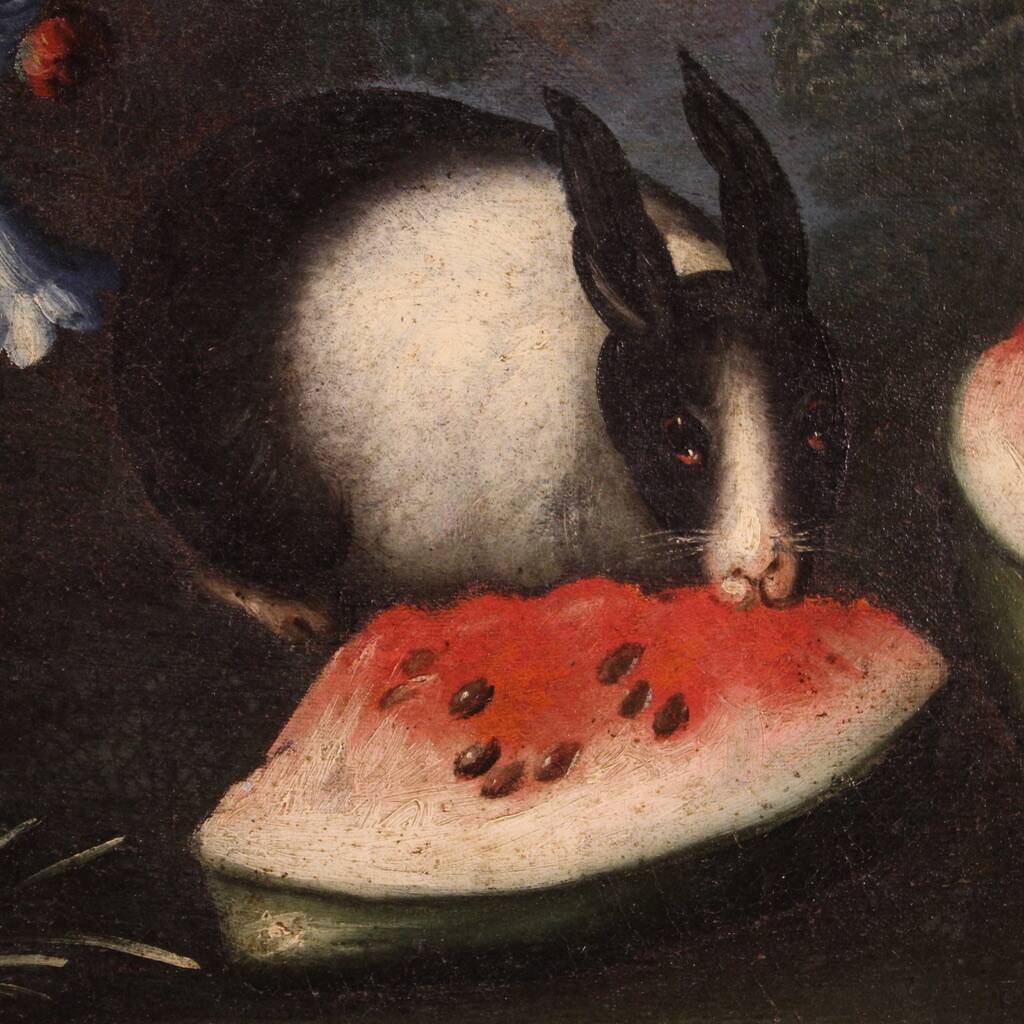 Antique Painting Still Life With Flowers And Fruit From The 18th Century