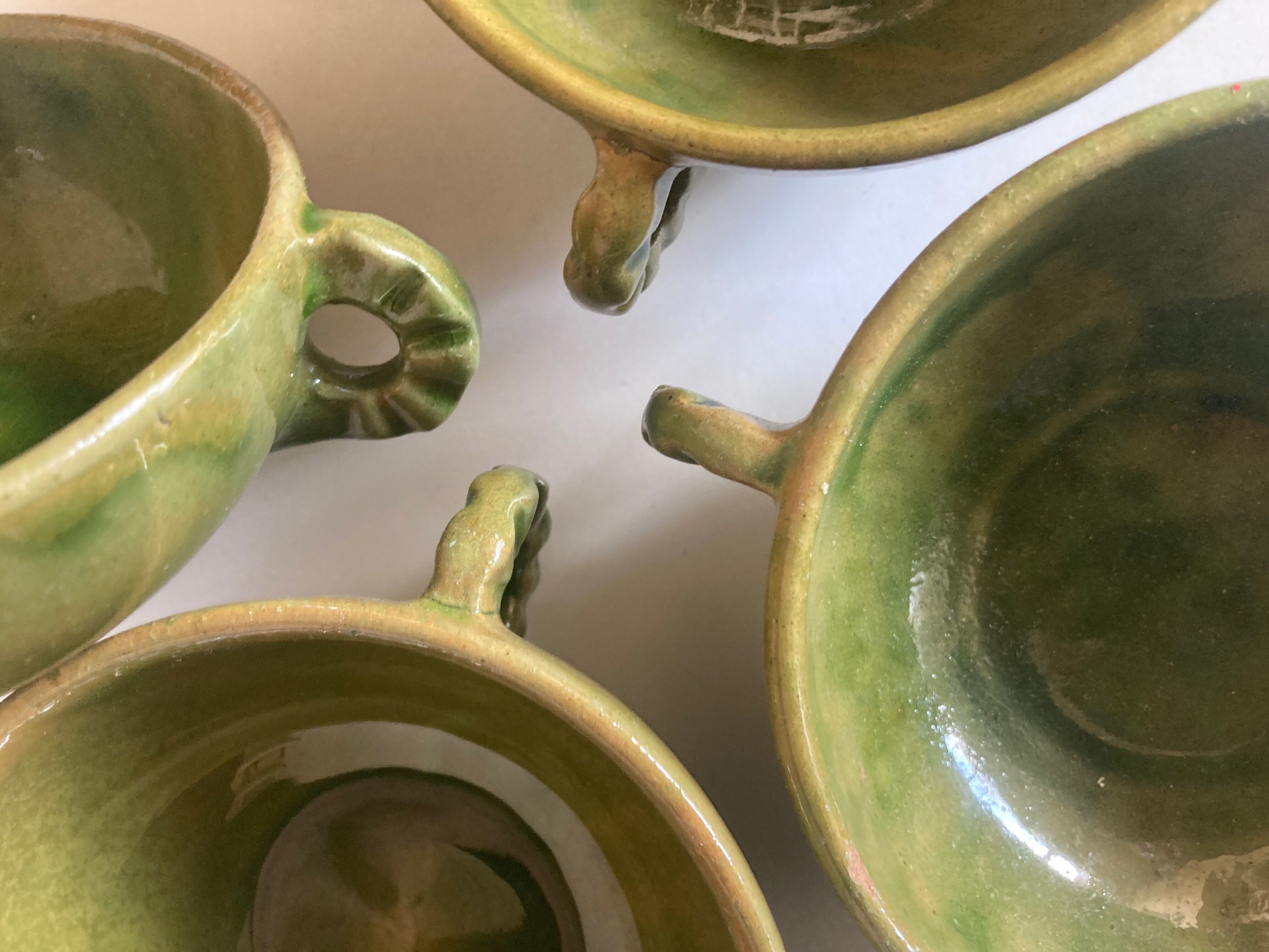 Set of 4 cups with starters or dessert in glazed earth of Biot green 1960