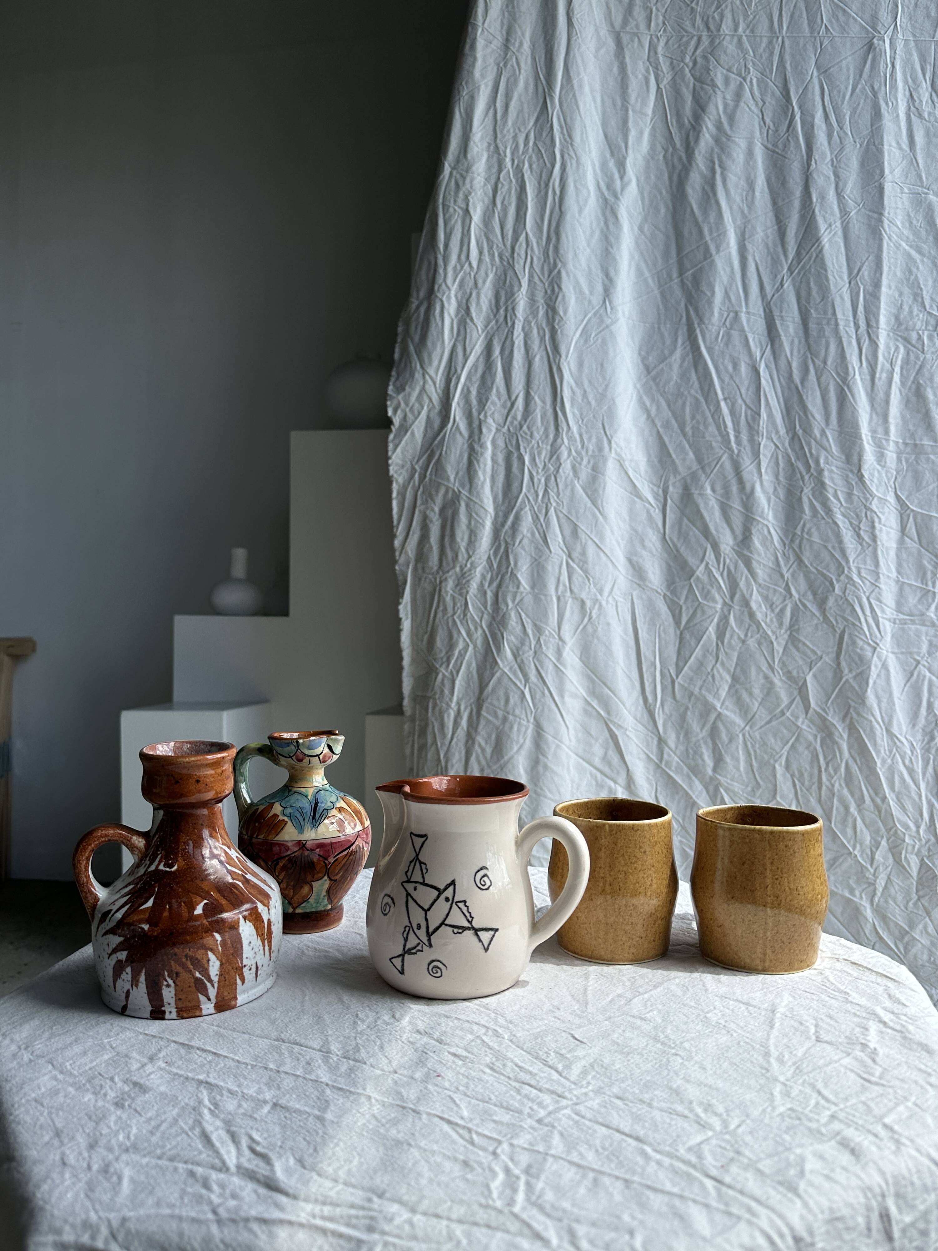 Small handmade white and ocher earthenware pitcher Sifnos Apostolidis Hand Made