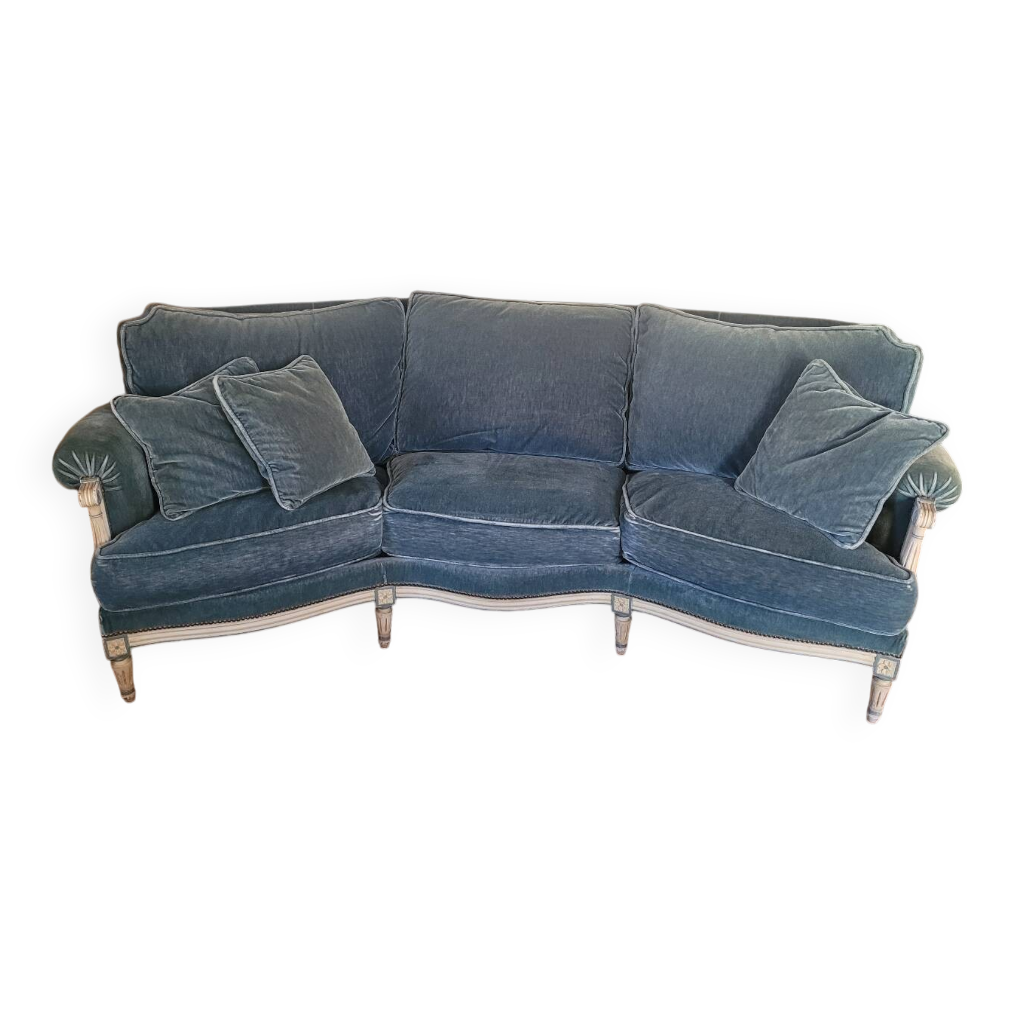 Louis XVI style curved bench sofa in storm blue velvet – 3 seater