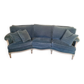 Canapé banquette galbé style Louis XVI en velours bleu orage – 3 place