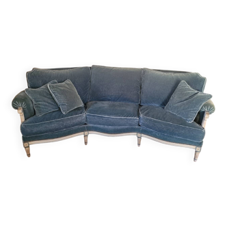Canapé banquette galbé style Louis XVI en velours bleu orage – 3 place