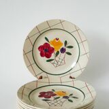 Set of 6 flat plates with flowers and tiles Gien model "Esterel", 1950