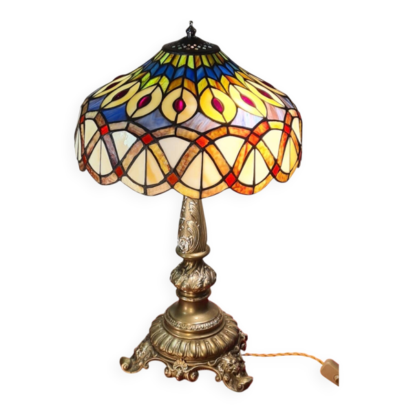 Lampe ancienne restaurer bronze massif 52x30 abat jour style tiffany