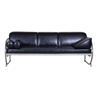 Fully Restored Bauhaus Black Leather Tubular Chrome Sofa by Robert Slezák, 1930s