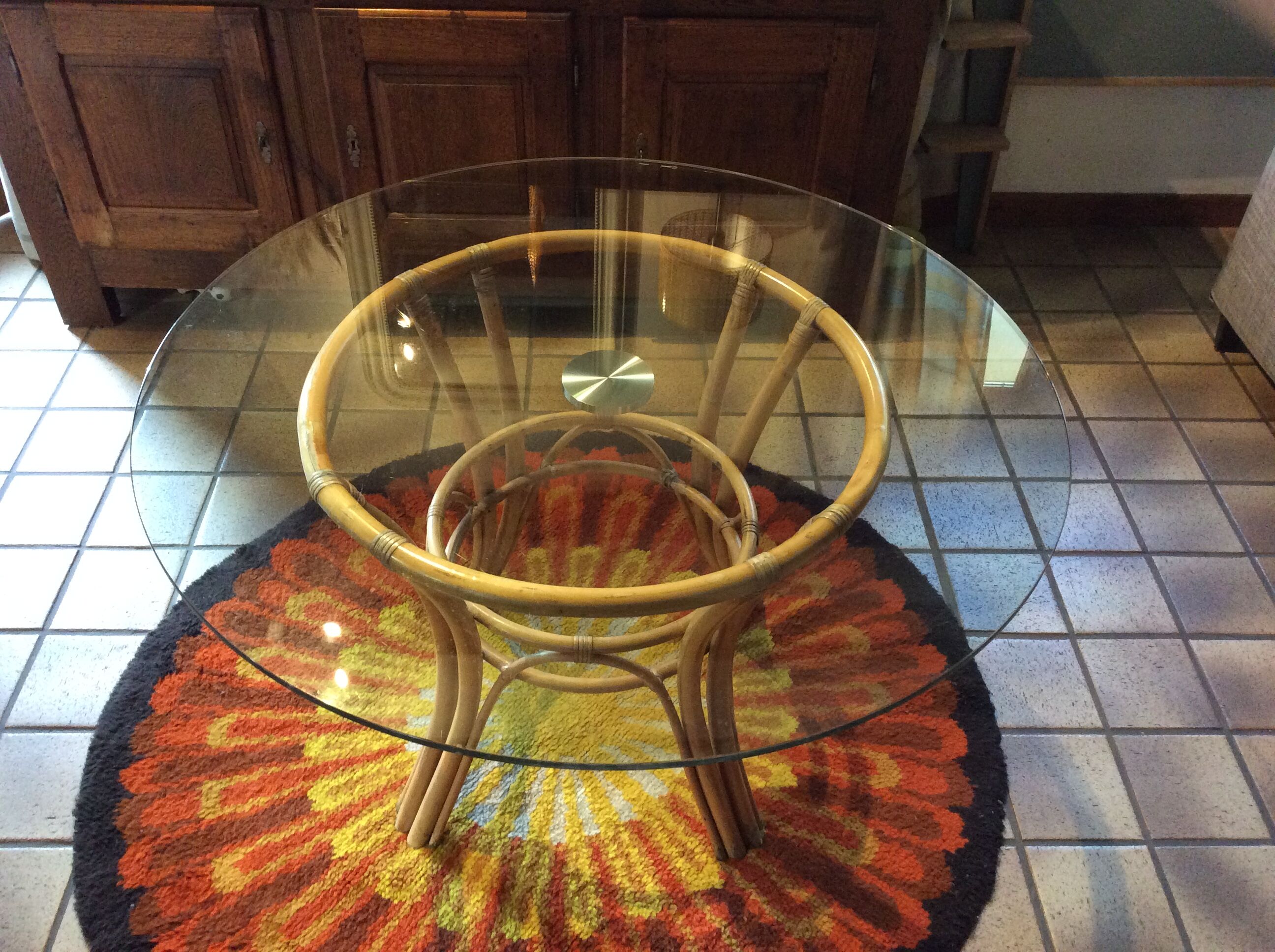 Table ronde verre et rotin