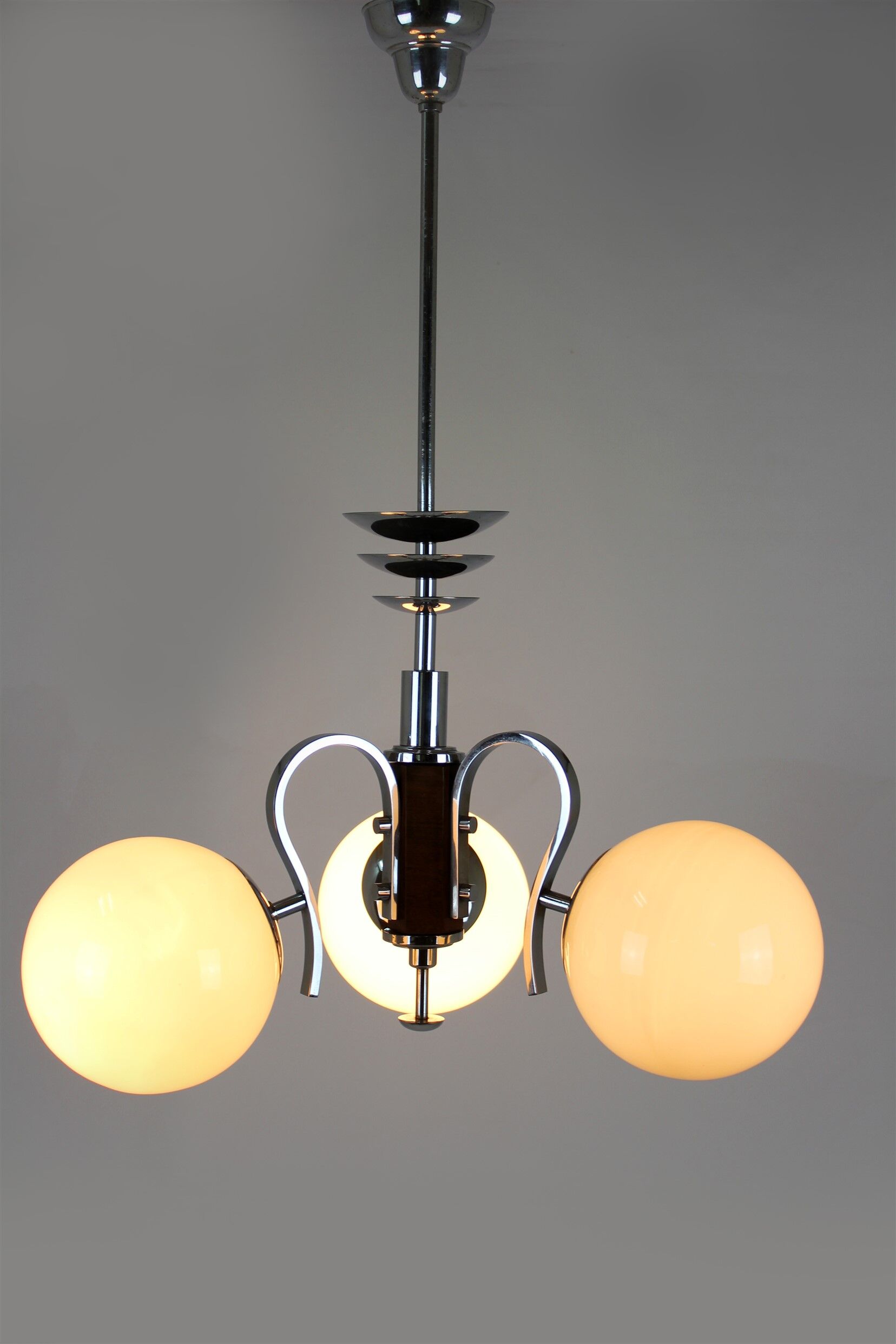 Bauhaus chrome & wood chandelier, 1940