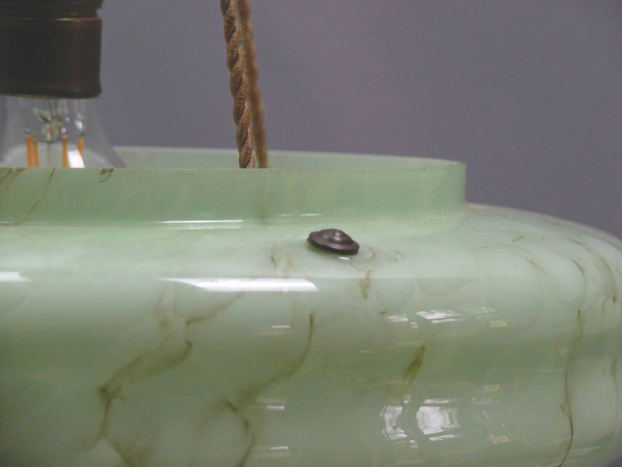 Large Art Deco pendant light in marbled glass with cord suspension, 1920s-1930s