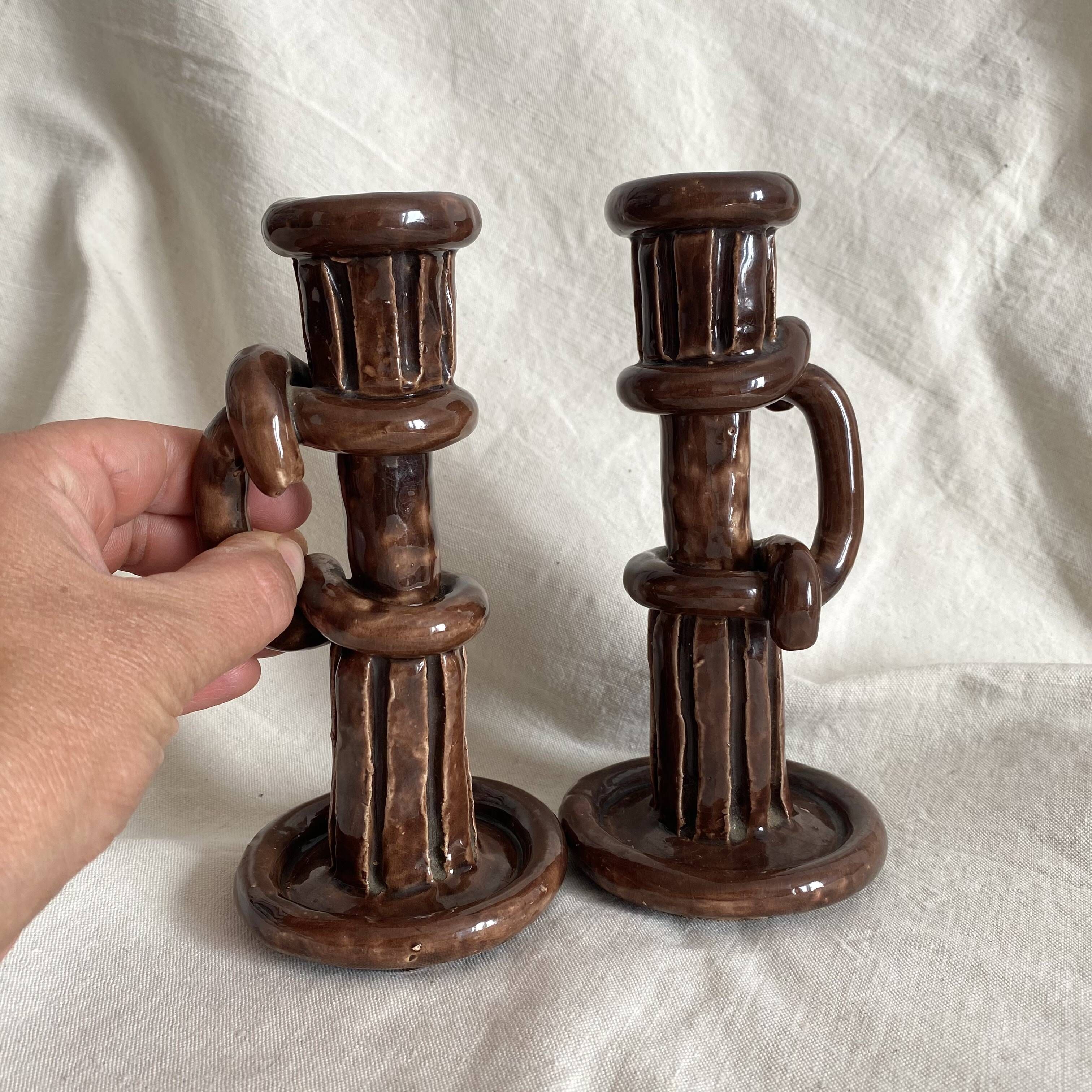 Pair of column candle holders in handmade ceramic