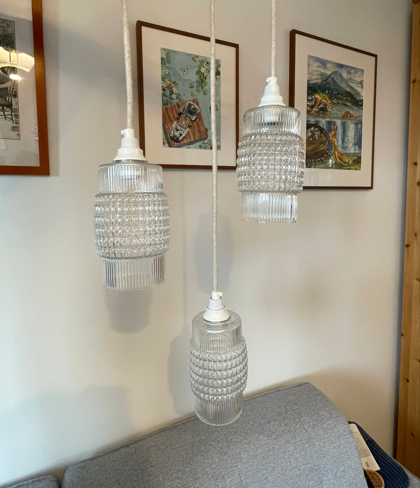 Set of 3 Refurbished Textured Glass Pendant Lights 1970s – Mid-Century