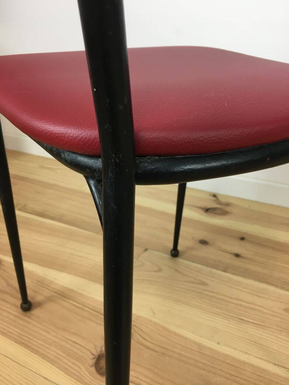 Pair of 1950s chairs in metal and red faux leather, Gueden-Adnet style.