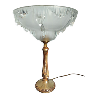 Antique table lamp in bronze and pressed glass by Ezan
