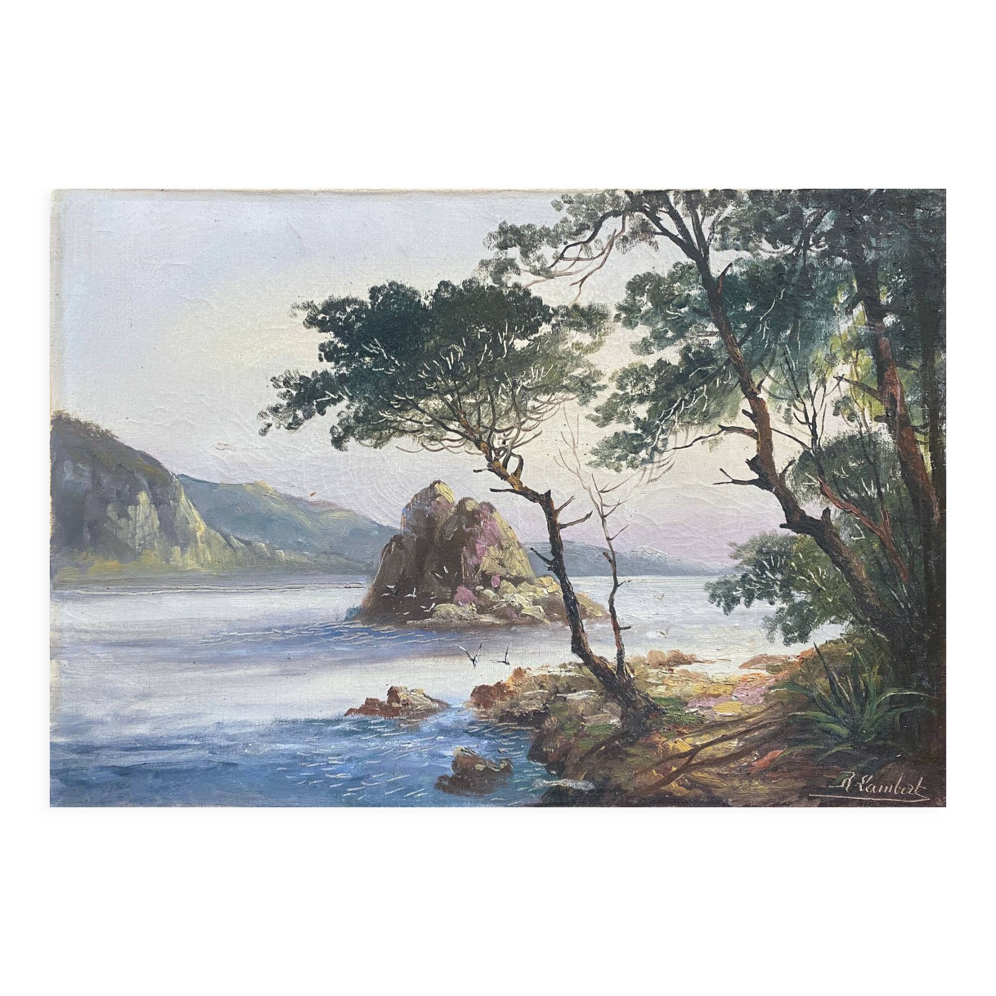 Painting XIX° century "Breton coast" Marine signed R. Lambert