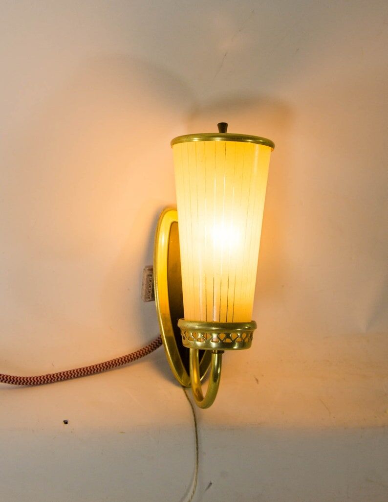 Brass wall lamp and glass with fine stripes mid-century