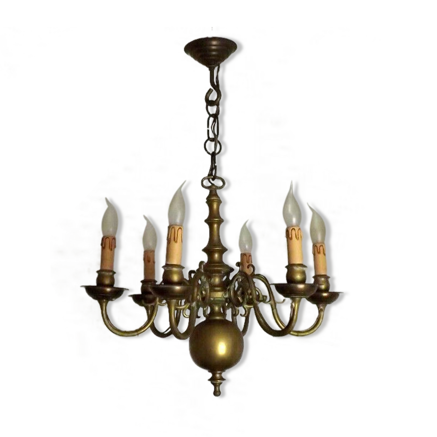 Vintage French 6 Light Heavy Brass Flemish Style Chandelier Card Drips 4050