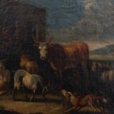 Oil on canvas 18th century scene of animals and shepherd gilded frame
