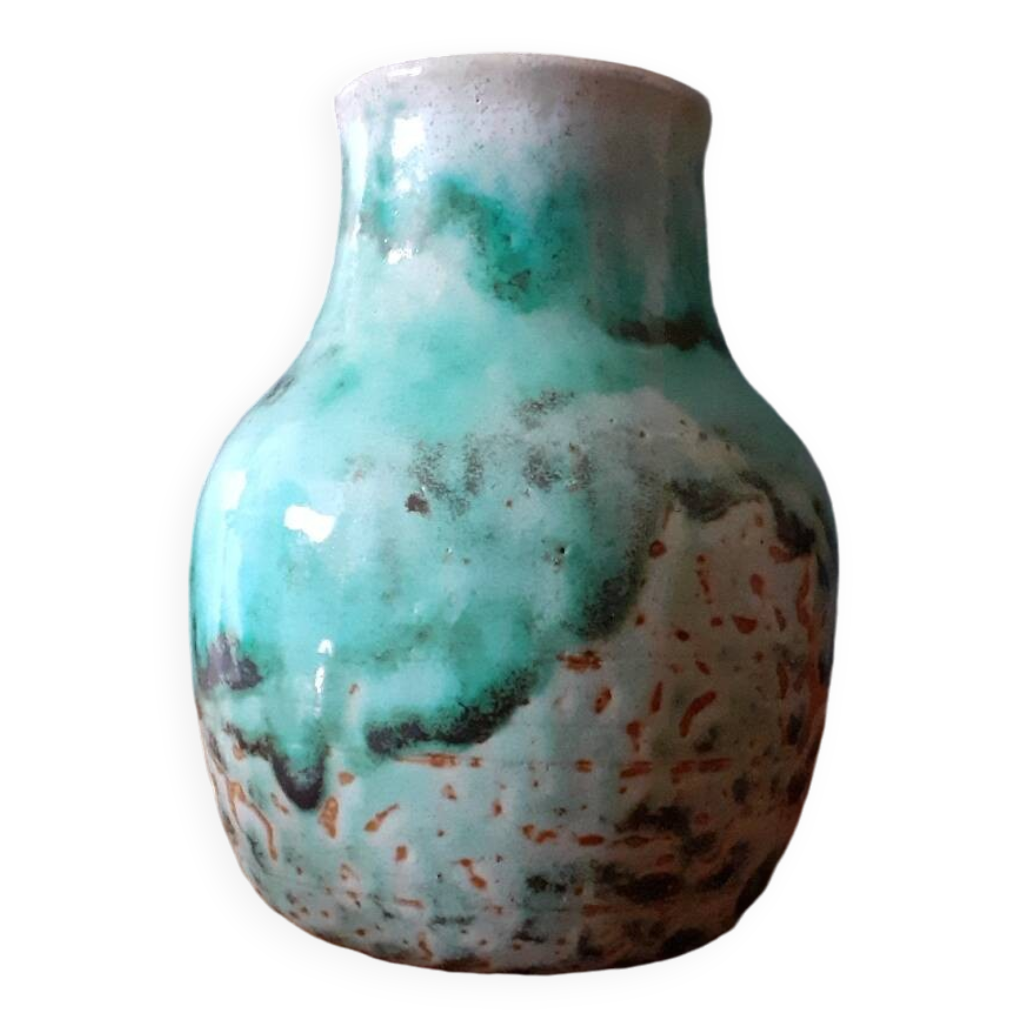 Vase en céramique bleu-vert signé Pierre Lion, année 60