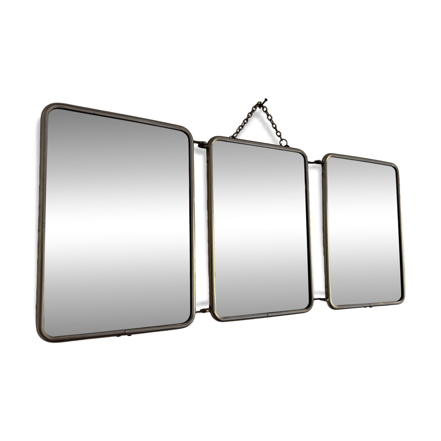 Vintage 1960 triptych barber mirror ivory quilted - 21 x 50 cm