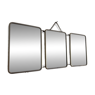 Vintage 1960 triptych barber mirror ivory quilted - 21 x 50 cm