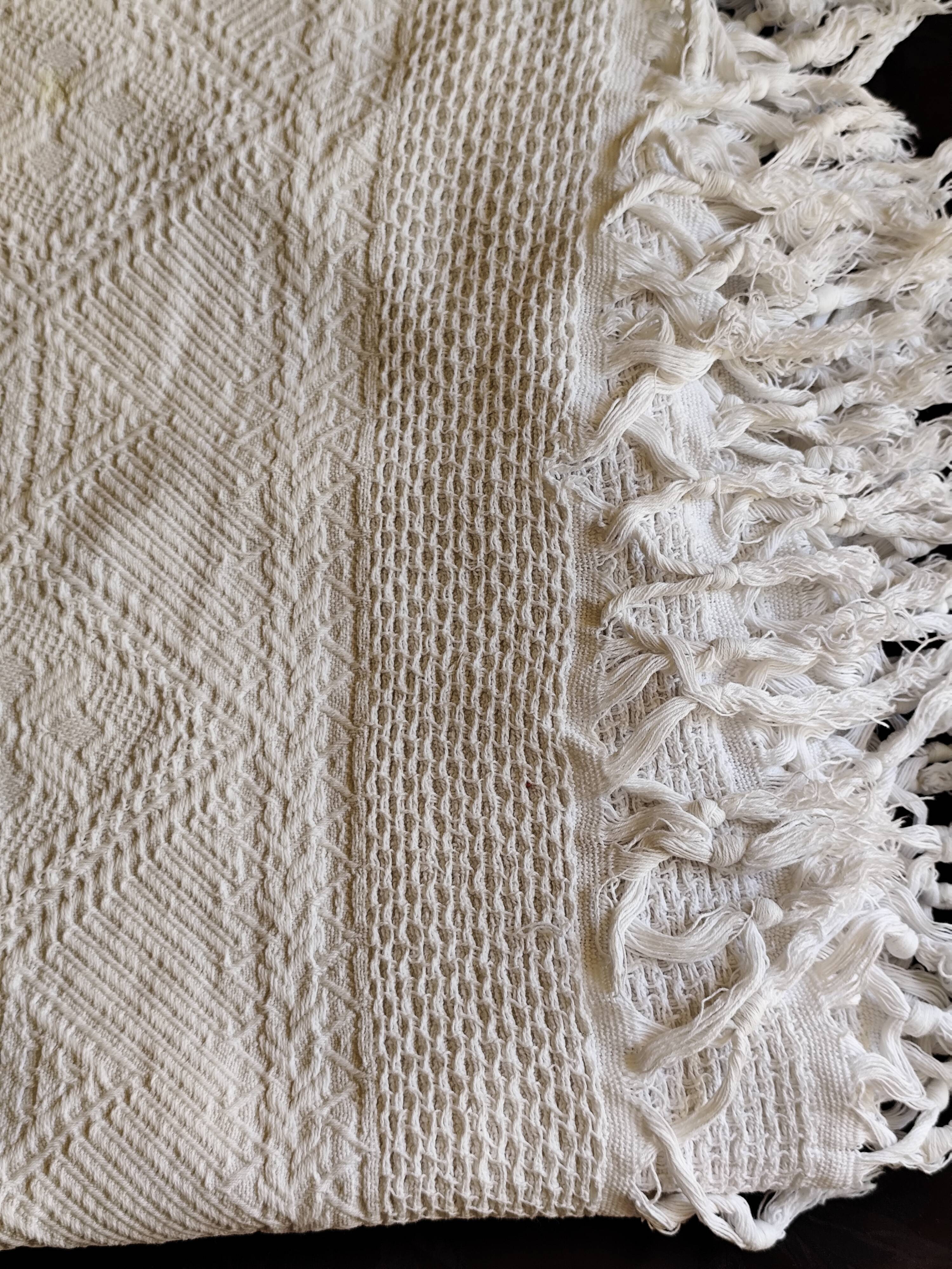 White cotton bedspread, vintage woven cotton bed throw.