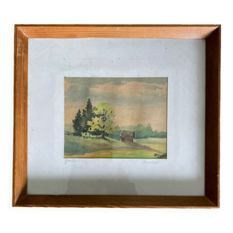 Framed watercolor landscape signed 1949