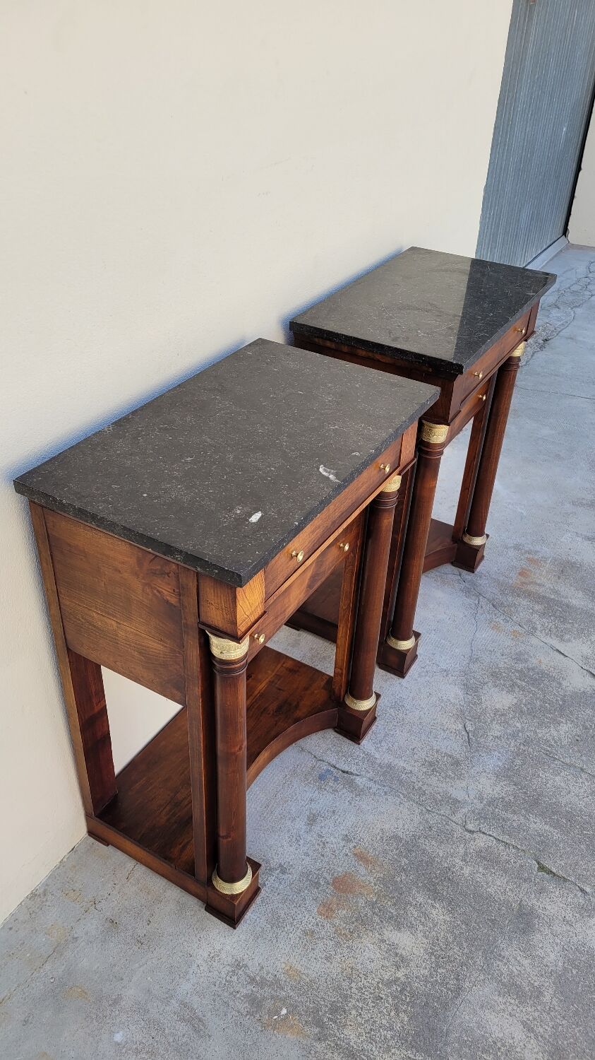 Pair of empire consoles in mahogany and 19th century marble