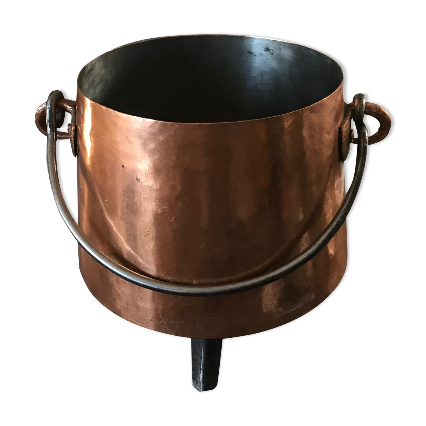 Cauldron with tinned copper pot handle and support 3 feet - 25.5 cm