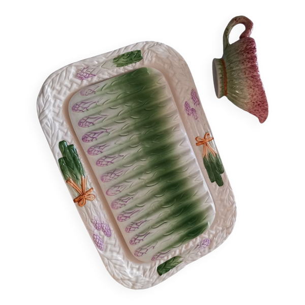 Ensemble double plat et saucière barbotine asperges