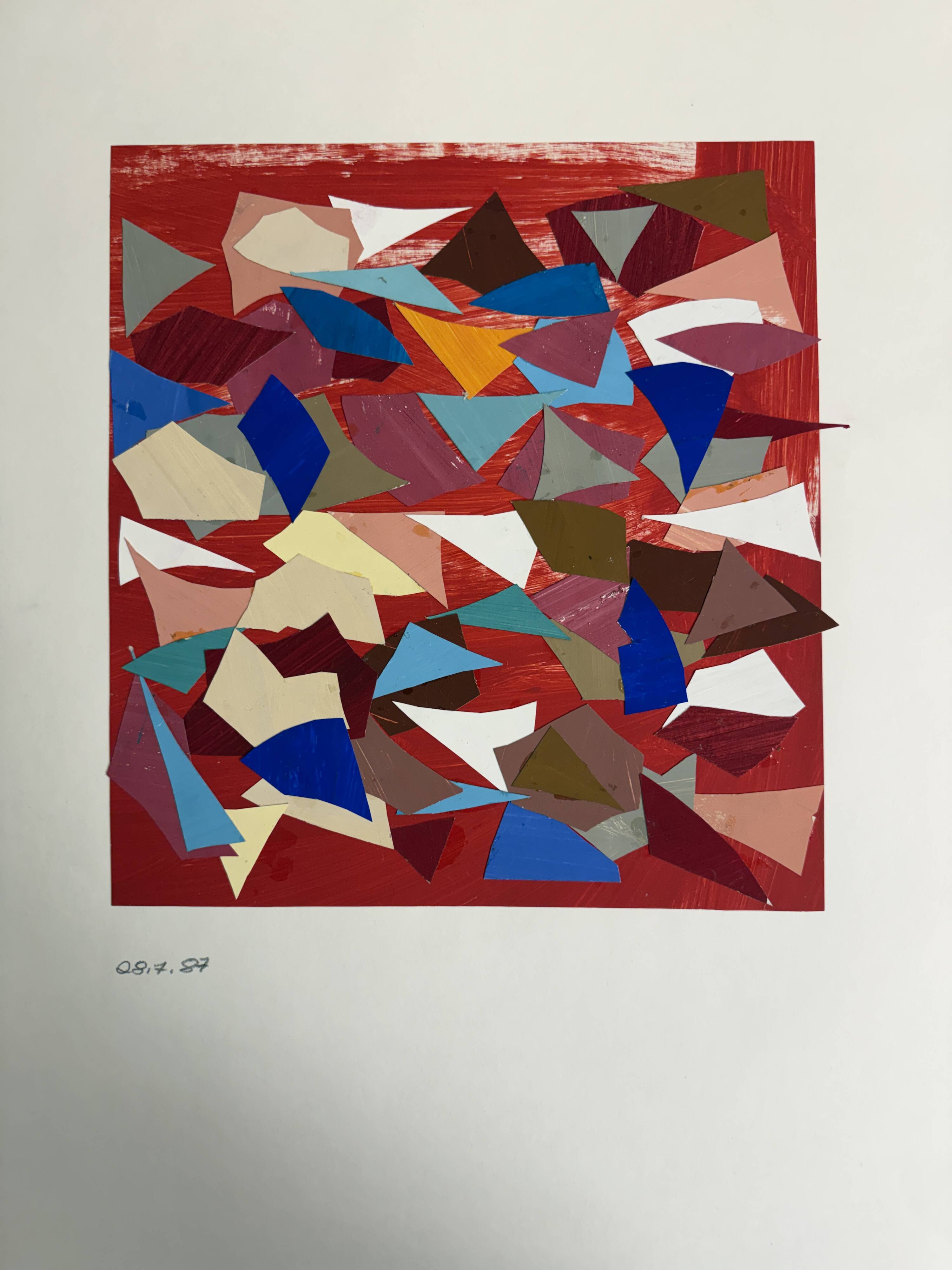 Helmut Dittmann – Geometric Abstract Collage, Vivid Multicolour on Red 1987