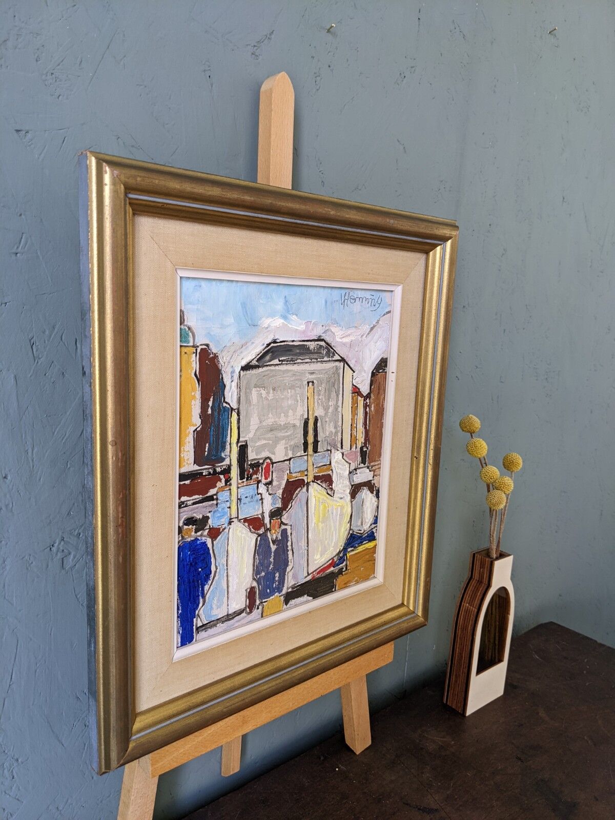 Peinture à l’huile encadrée vintage « By the dock »