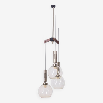 Vintage 60's chandelier in brass and glass 3 lights italian design