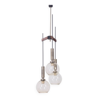 Vintage 60's chandelier in brass and glass 3 lights italian design
