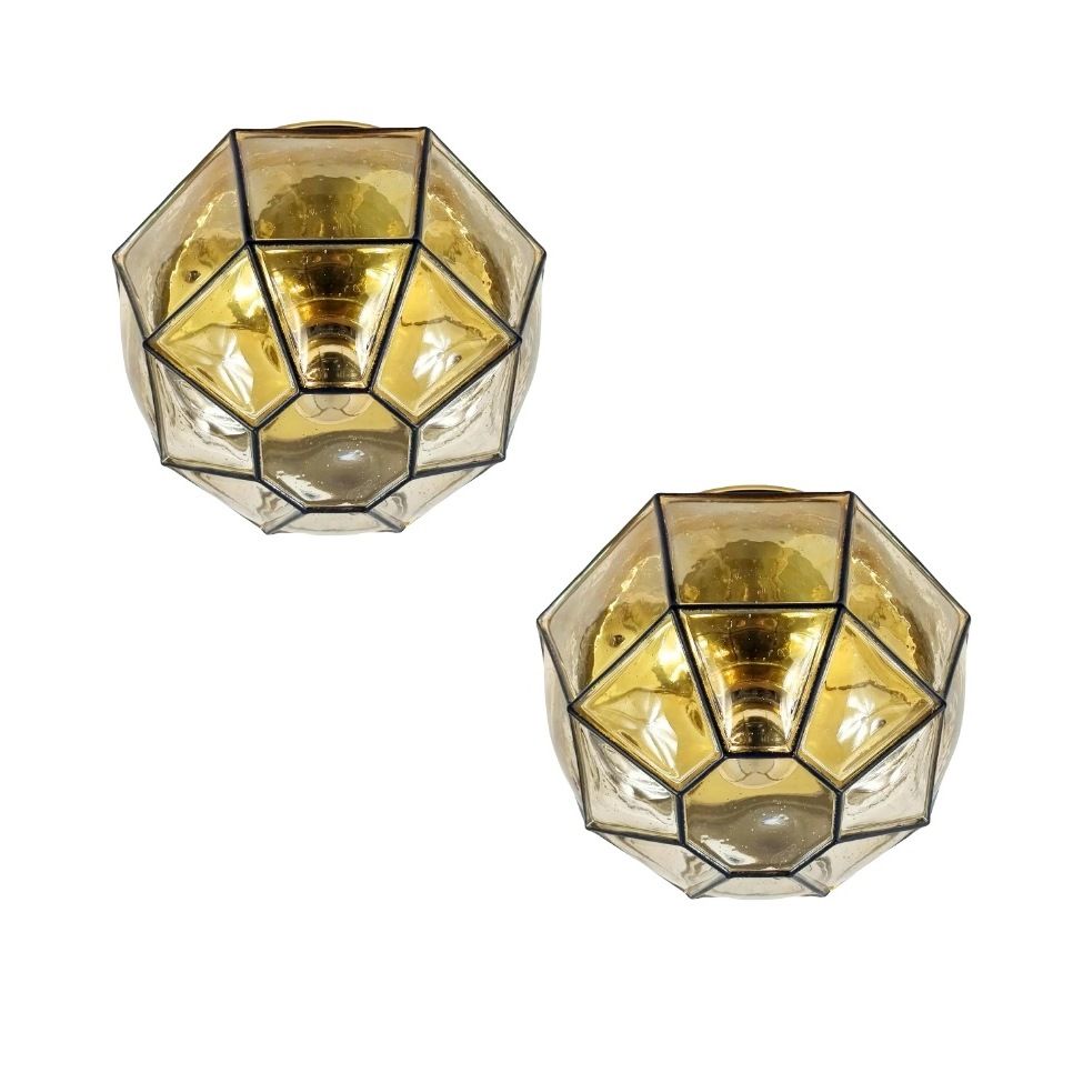 Pair of mid-century minimalist iron & glass flush mounts / ceiling lamps from limburg, germany, 1960