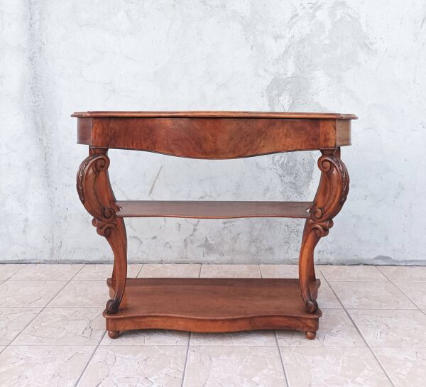 Grande console époque Napoléon III en noyer et ronce de noyer