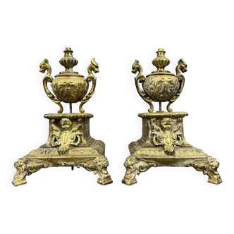 Pair of Renaissance style cassolette candlestick bases in gilded bronze, 19th century