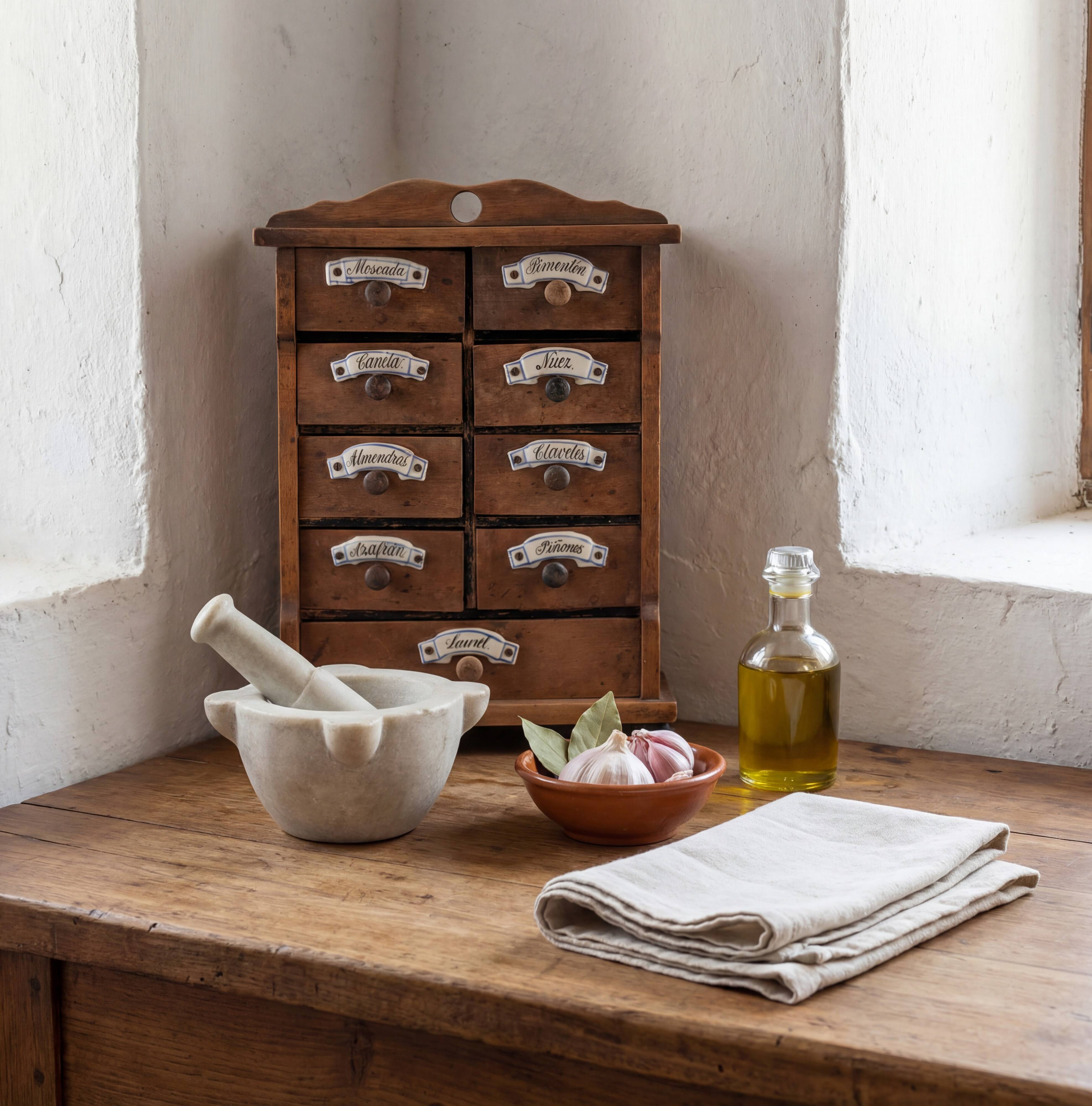 Cabinet à épices en bois rustique espagnol avec étiquettes en céramique, années 1930