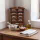 Cabinet à épices en bois rustique espagnol avec étiquettes en céramique, années 1930