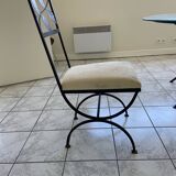 green table on wrought iron legs + 6 matching chairs