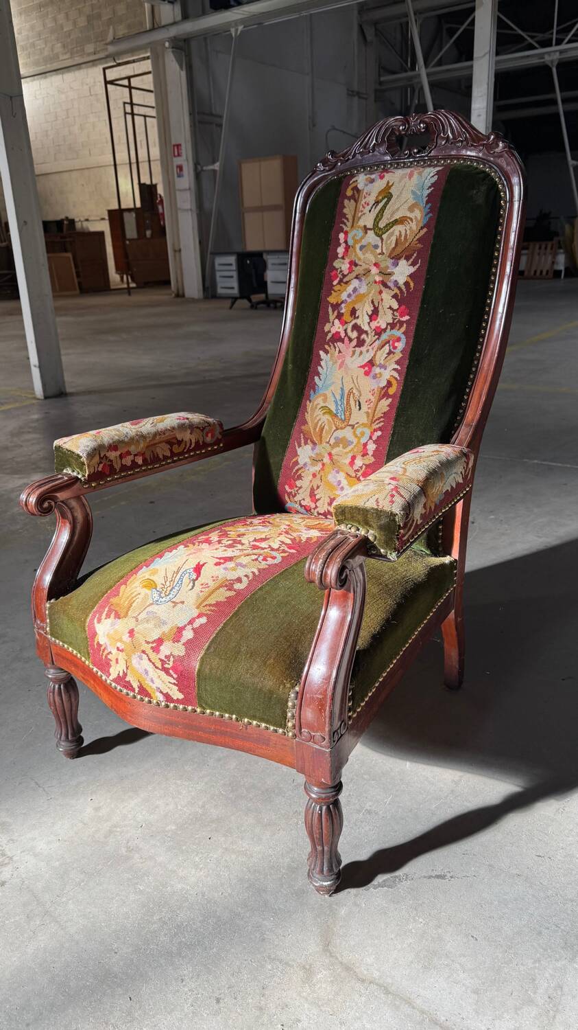 Antique mahogany wood upholstery armchair