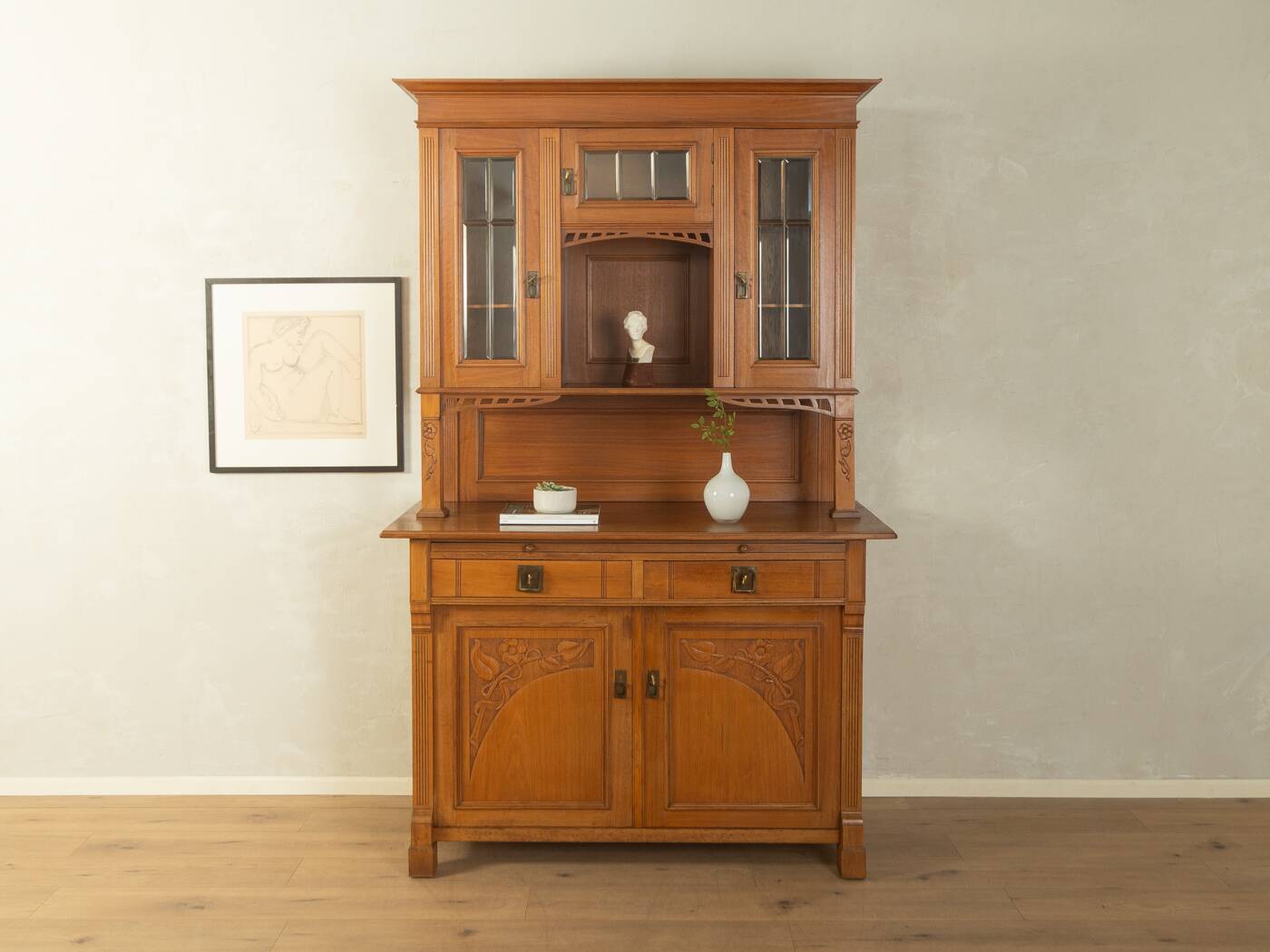 Two-piece buffet from the 1910s in Art Nouveau style, beech wood