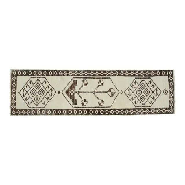1970s Vintage Turkish Handmade Wool & Cotton Beige Runner Rug 89x320