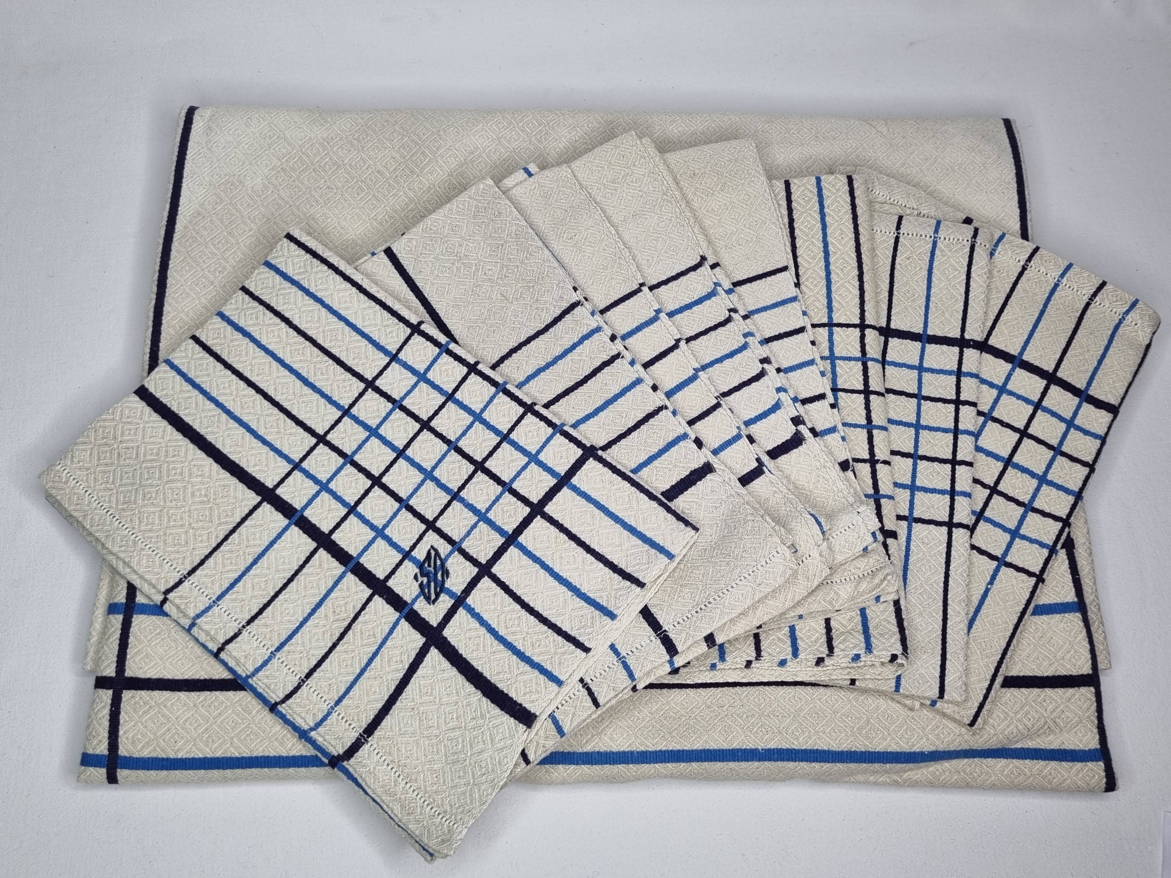 Vintage Table Set Damask Tablecloth and 8 Matching Embroidered Napkins, Blue and White Patterns