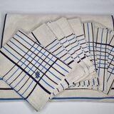 Vintage Table Set Damask Tablecloth and 8 Matching Embroidered Napkins, Blue and White Patterns