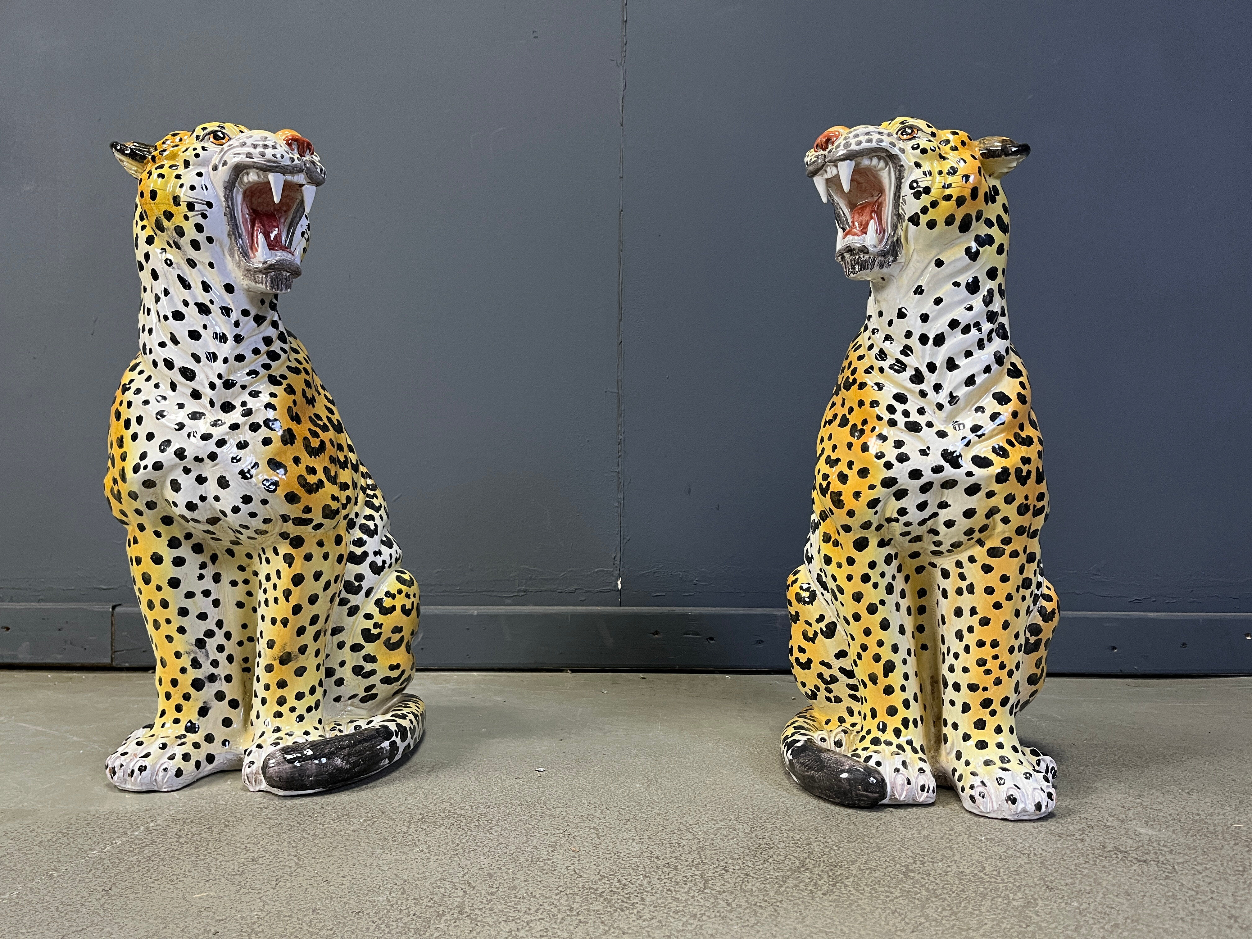 Pair of glazed terracotta leopard figures, Italian, 1960s.