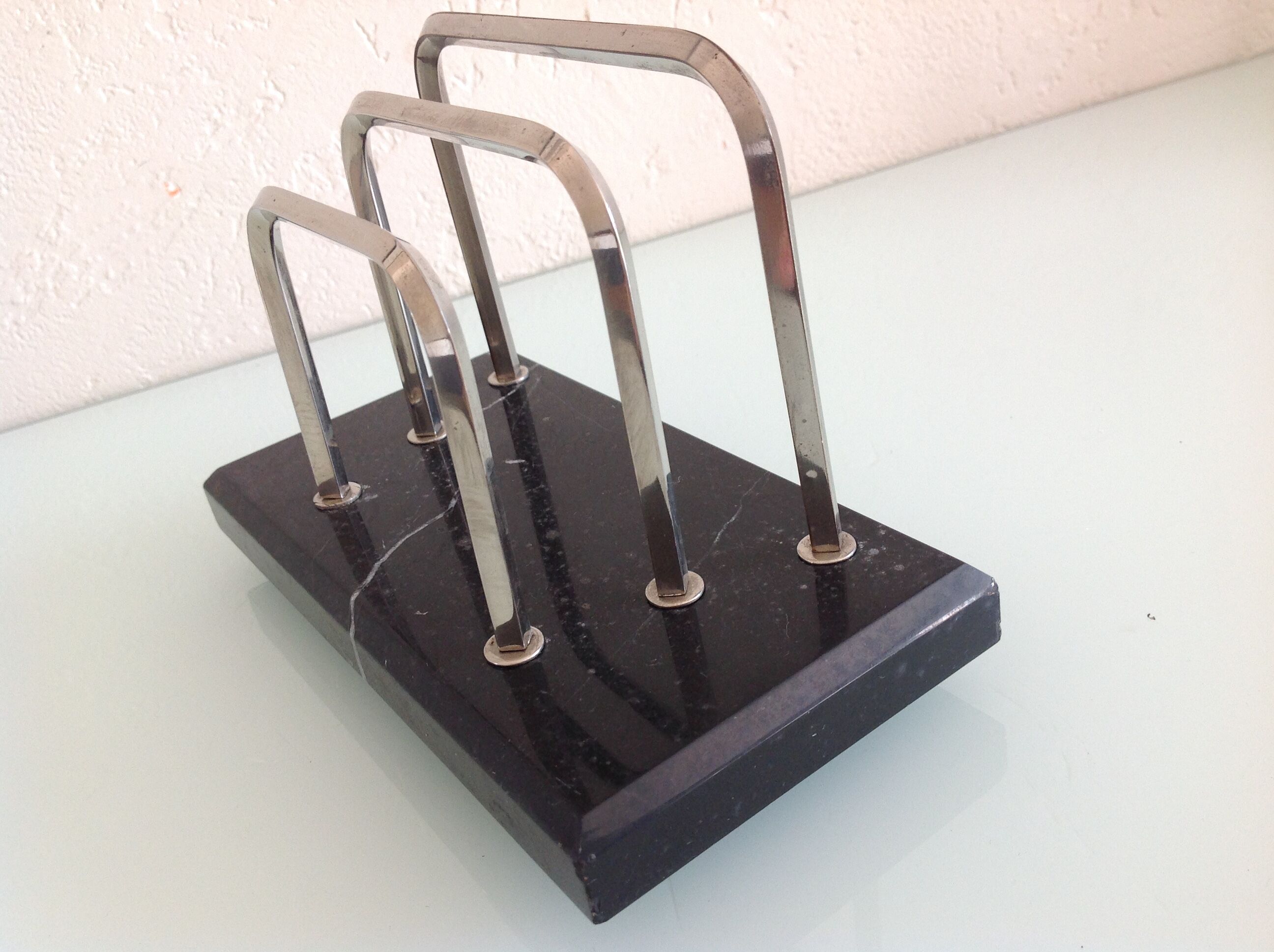 Letter holder in black marble and chrome metal art deco style
