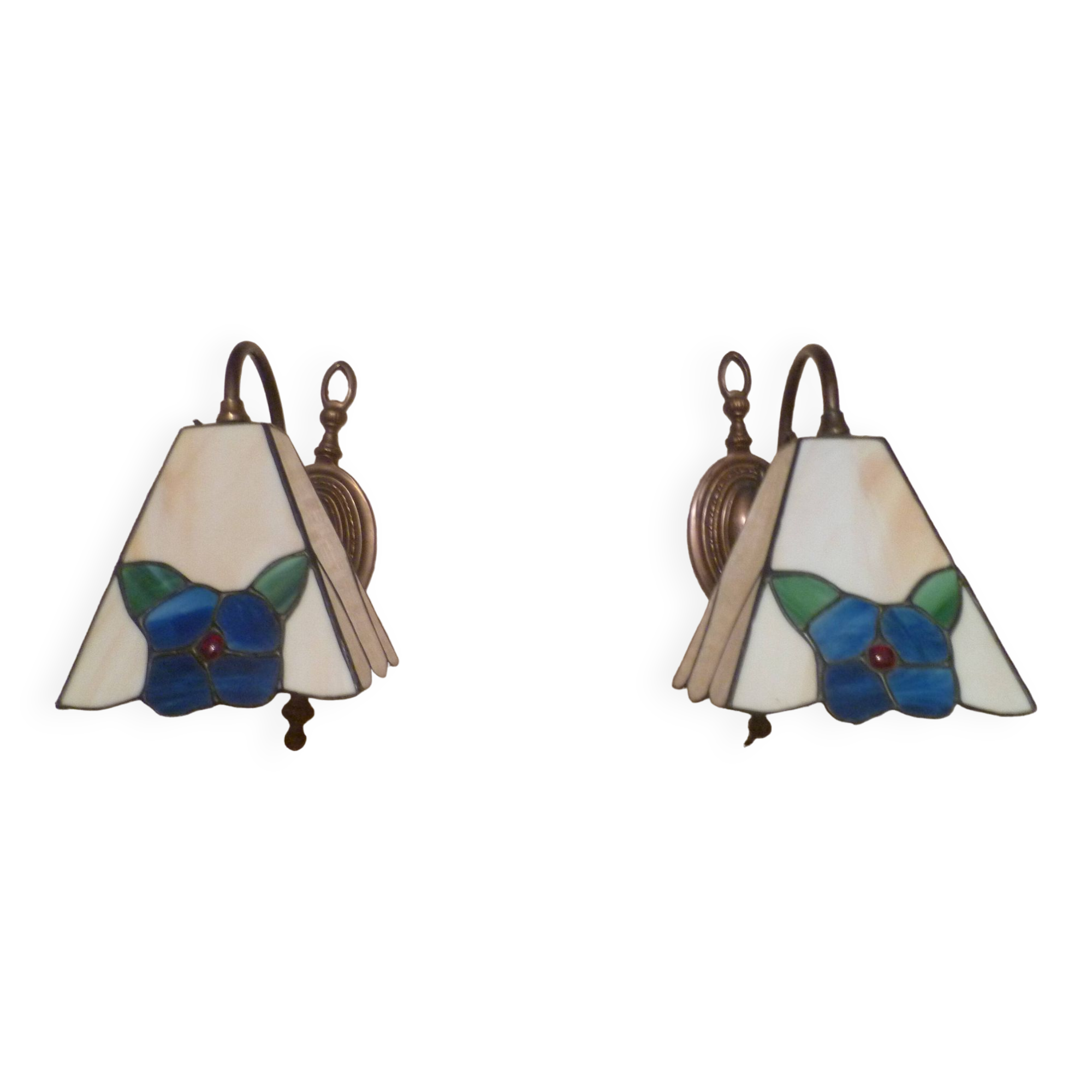 Pair of brass and color mosaic wall lights with floral pattern from the 70's