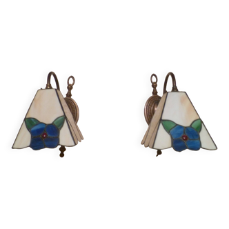 Pair of brass and color mosaic wall lights with floral pattern from the 70's