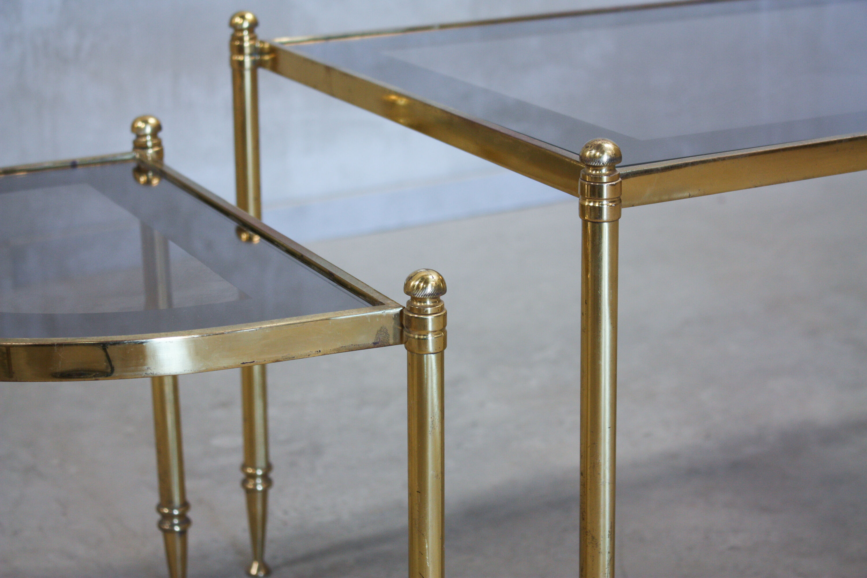 Portuguese pull out tables in brass and glass, 1970s