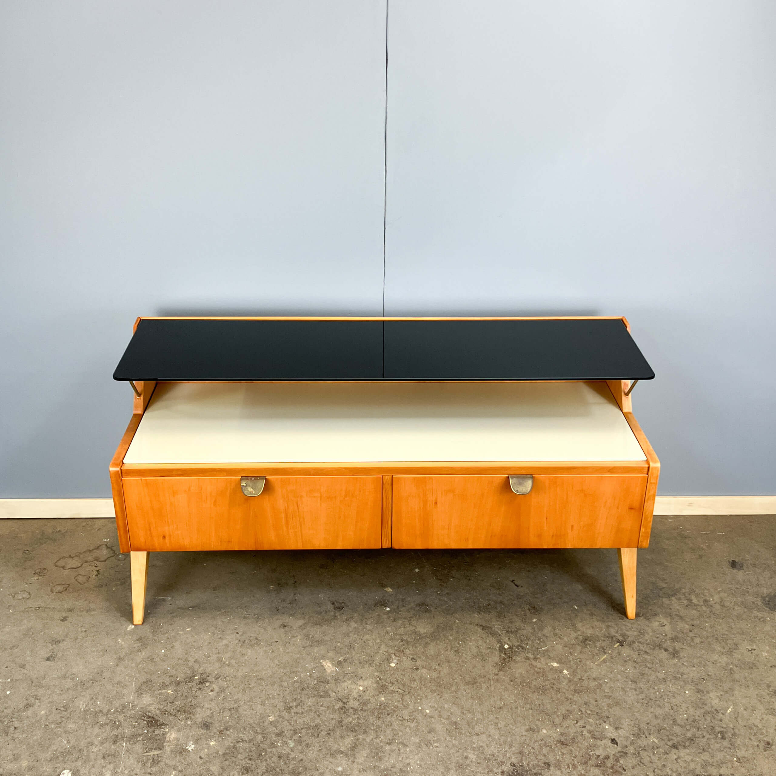 Small chest of drawers by WK Möbel with black and white glass top, pear wood, 1950s