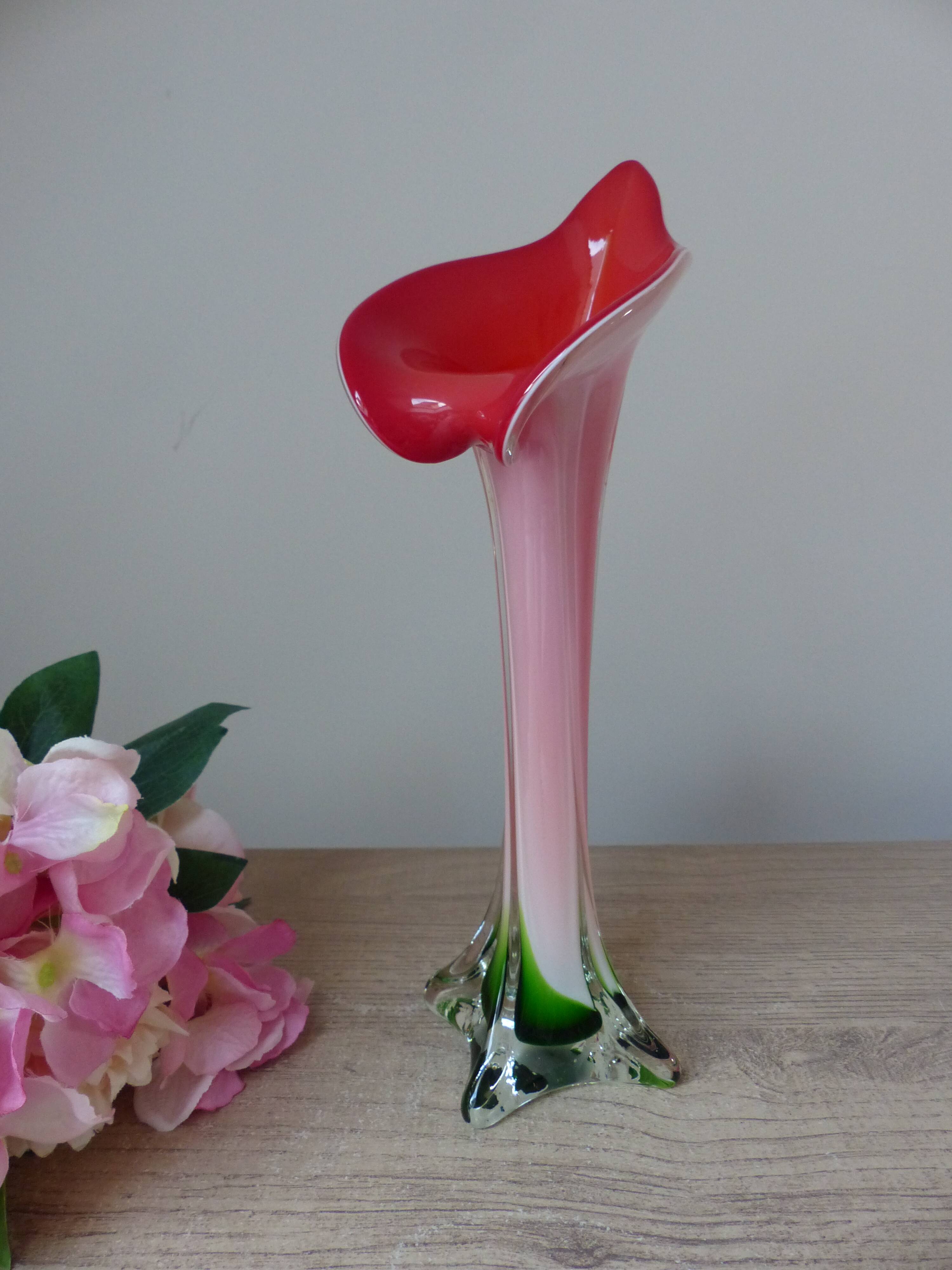 Vintage coloured blown glass vase in the shape of a calla lily.